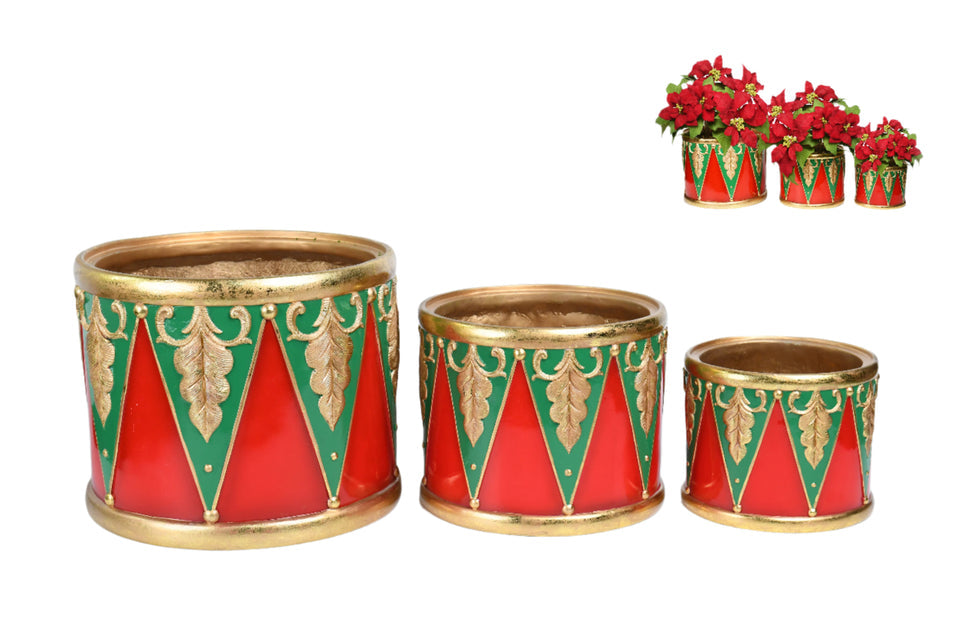 Christmas Carousel Collection - INDOOR / OUTDOOR RESIN DRUM SHAPE POTS - SET OF 3