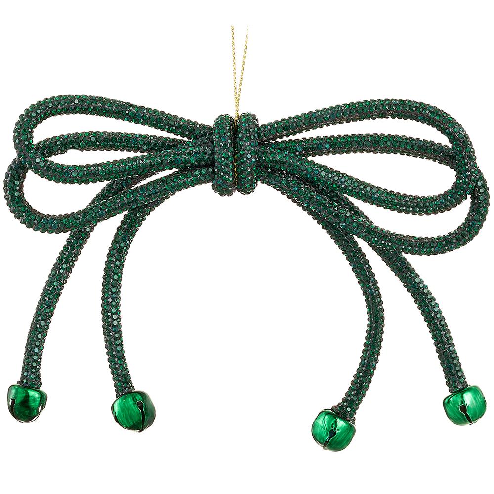 Christmas Carousel Collection - 5.5" Sparkle Bow Ornament With Bells Green