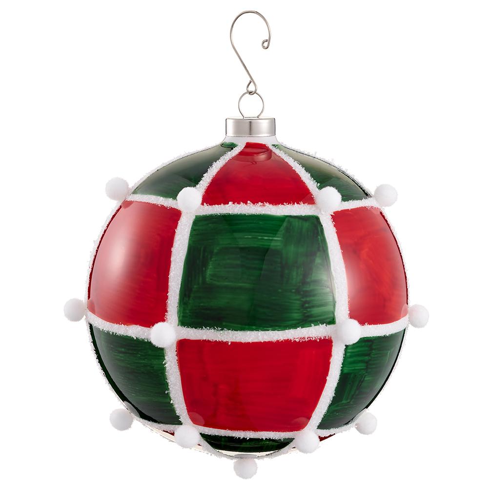 Christmas Carousel Collection - 6" Snowed Pompon Glass Ball Ornament Green Red
