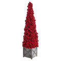Christmas Carousel Collection - 50" Berry Cone Topiary in Wood Planter Red