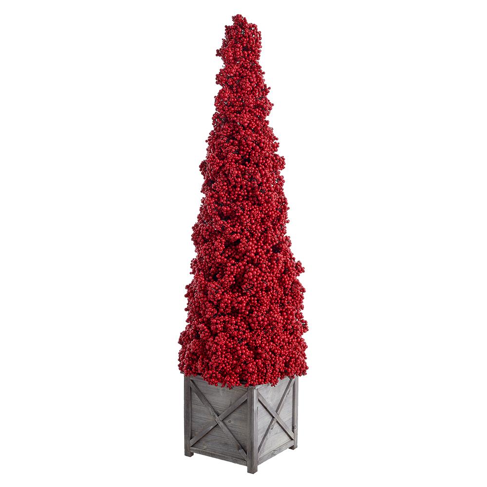 Christmas Carousel Collection - 50" Berry Cone Topiary in Wood Planter Red