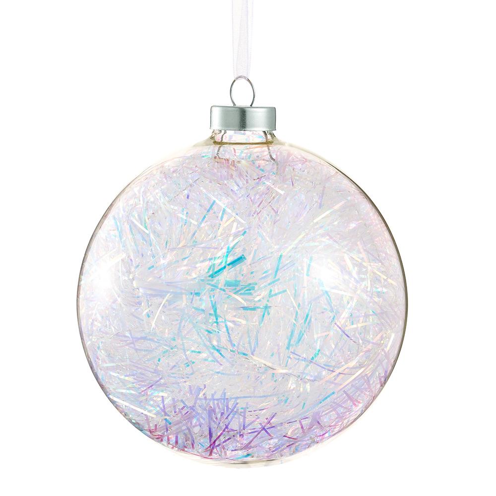 Santa's Sweet Shoppe Collection -  Glass Ball Ornament With Tinsel Clear Iridescent