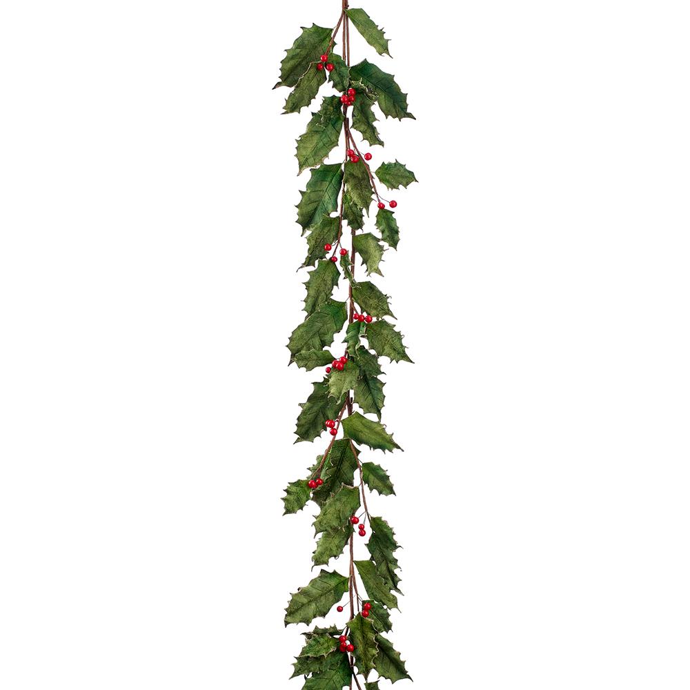 Christmas Carousel Collection - 72" Velvet Holly Garland With Berry