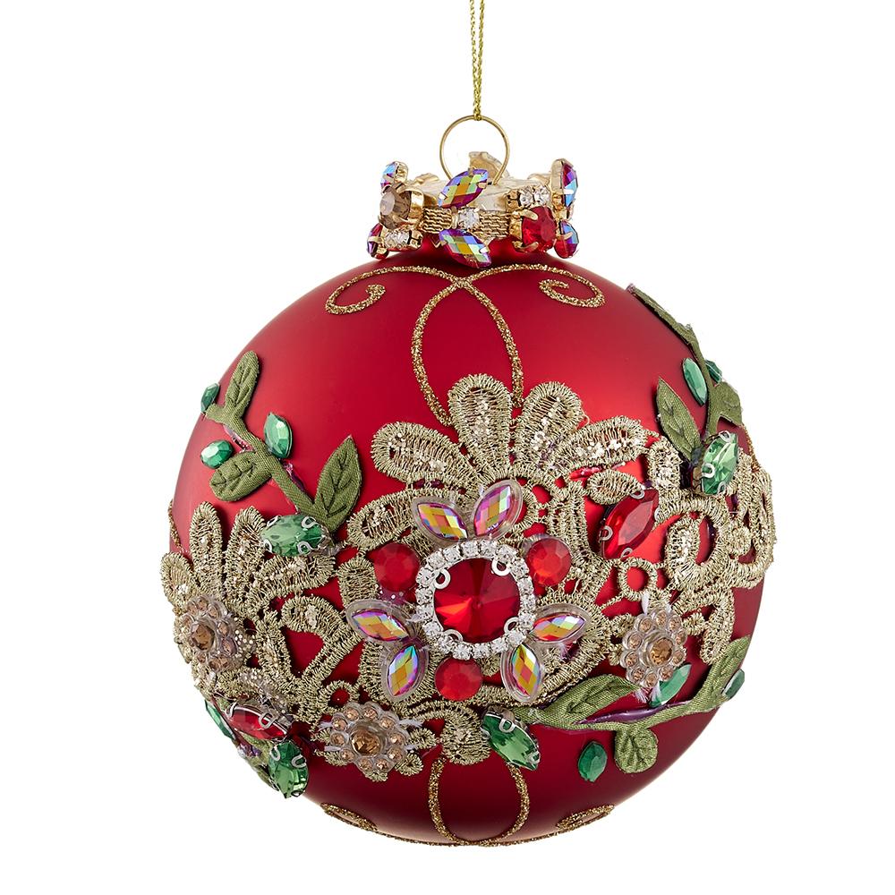 Christmas Carousel Collection - 4" Diamond Glass Ball Ornament Red Gold