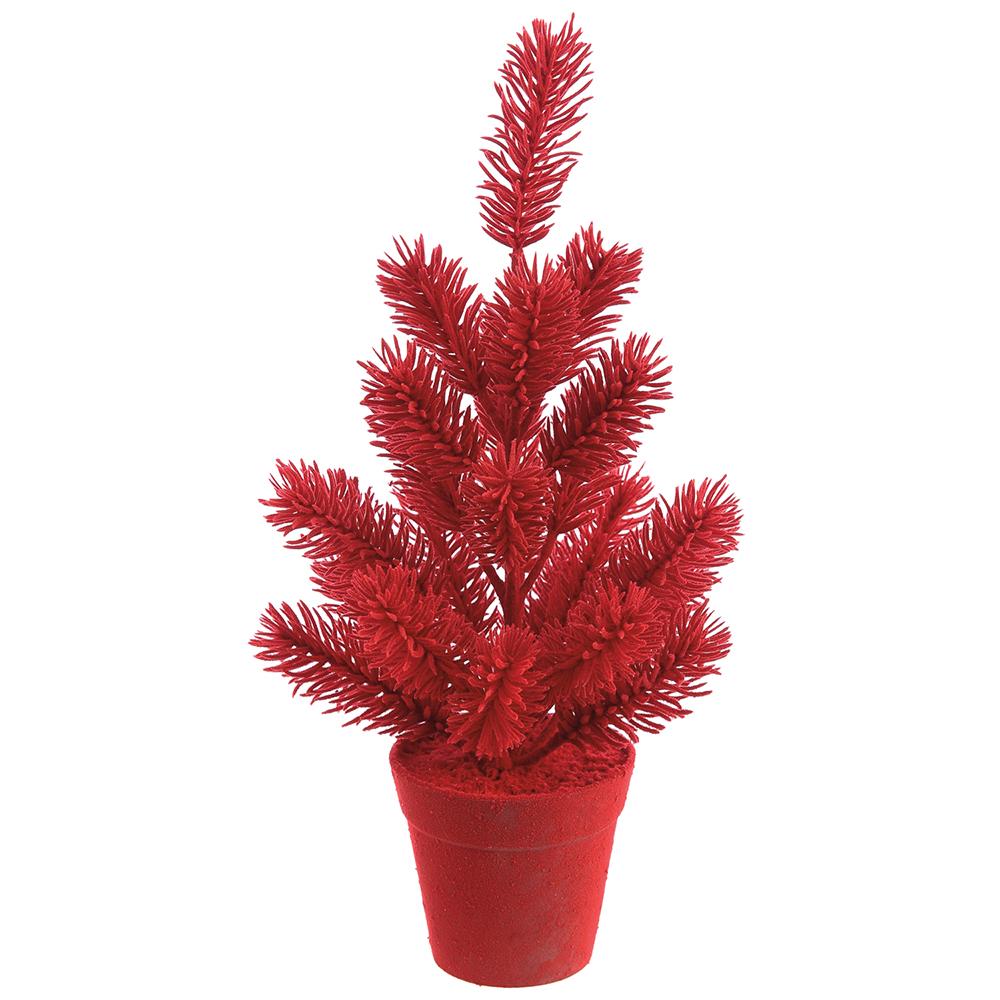 Christmas Carousel Collection - 15" Flocked Pine Tree in Plastic Pot Red