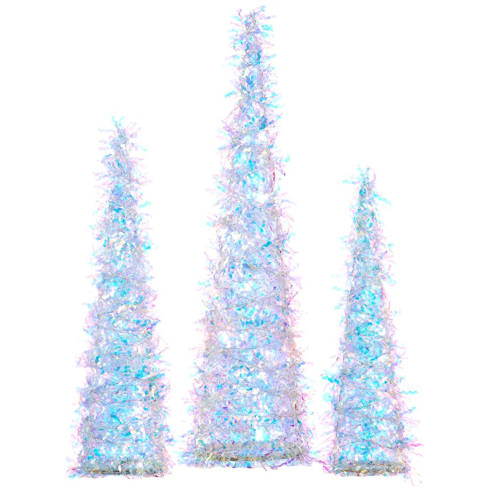 Santa's Sweet Shoppe Collection - Iridescent LED 14.5"-23" Tinsel Cone Topiary Tree - SET OF 3