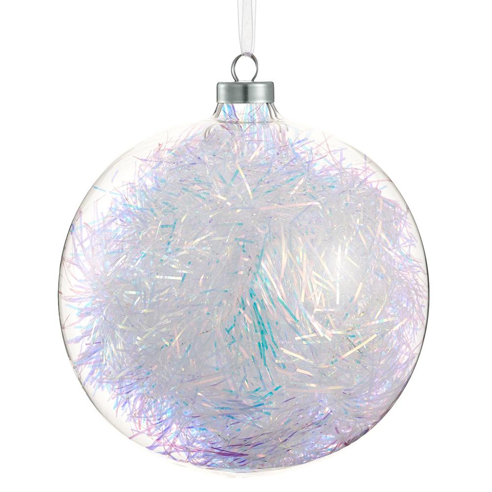 Santa's Sweet Shoppe Collection -  Glass Ball Ornament With Tinsel Clear Iridescent