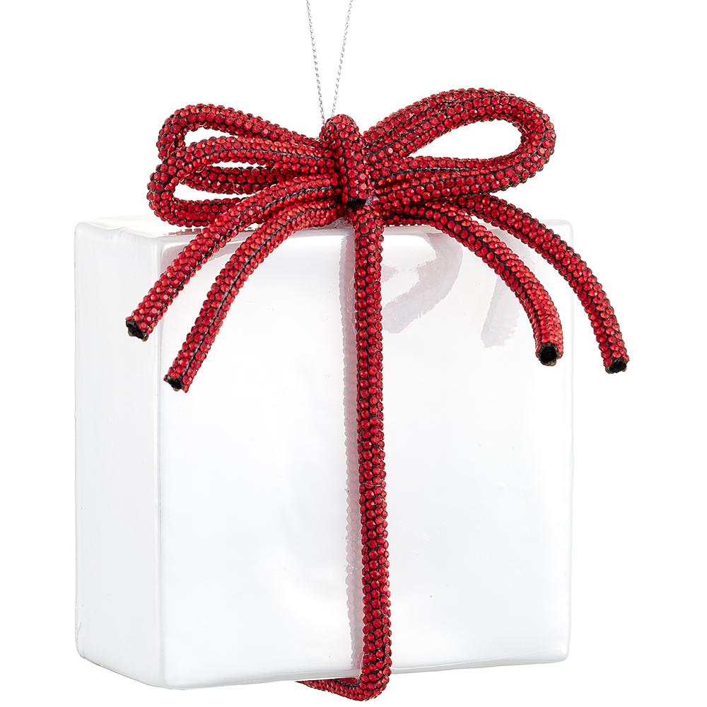 Christmas Carousel Collection - 4.5" Glass Present Ornament With Crystal Bow