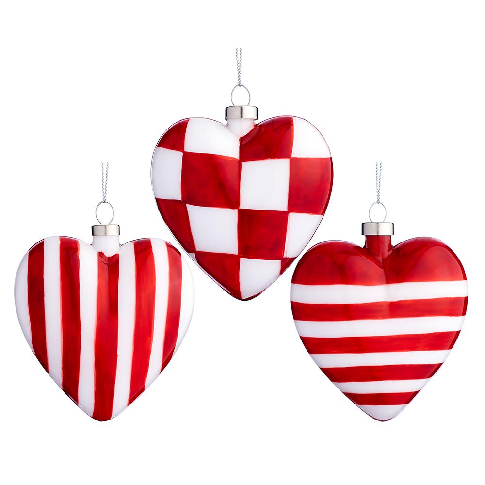 Valentine's Day - 	4.25" Glass Heart Ornament  - SET OF 3