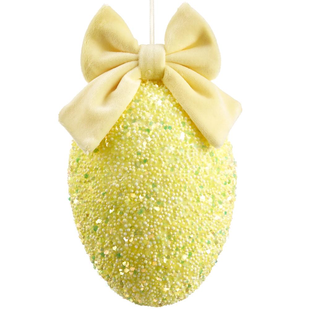 7.5" Yellow Glittered Egg Ornament With Bow