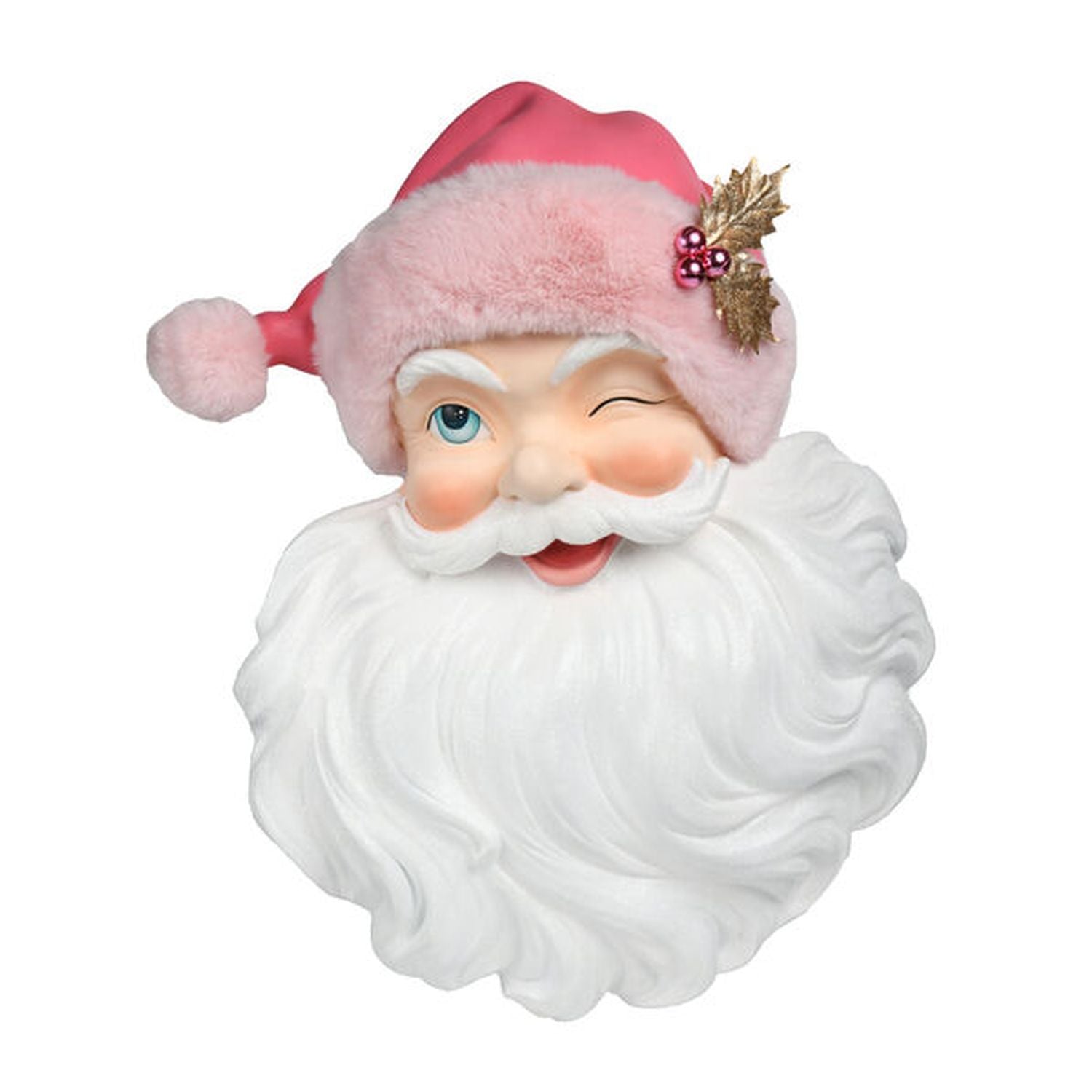 28" Retro Pink Christmas Santa Head With Pink Fur Hat Wall Decor