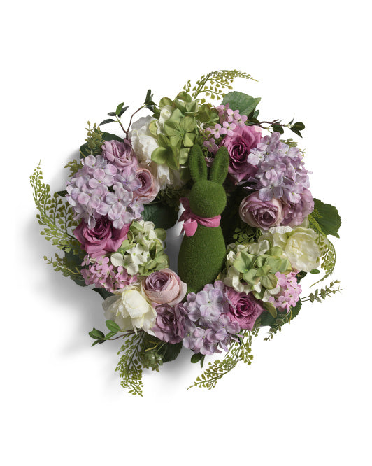26" Floral Wreath With Flocked Easter Bunny Rabbit