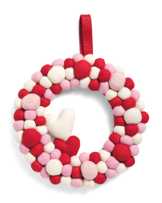 Cupids Valentine - 12" Pom Pom Wreath With Hearts