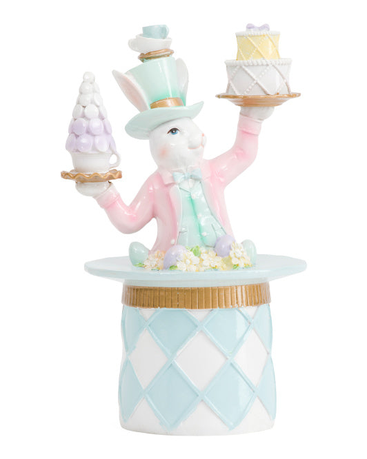 11" Resin Bunny In Tophat Holding Cakes
