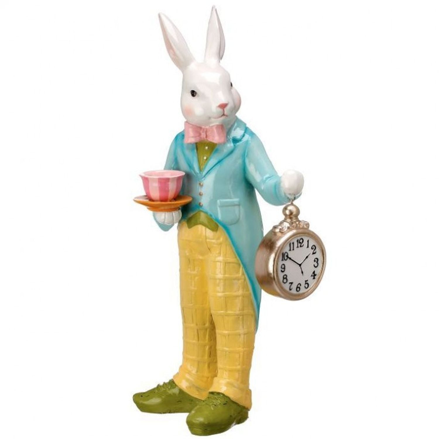 Resin Bunny with Pocket Watch and Cup 18.75"